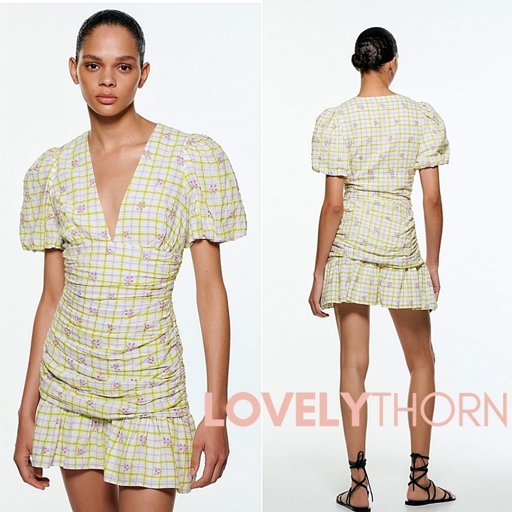 ZARA // floral checkered print plunge puff sleeve draped mini dress - Picture 7 of 13